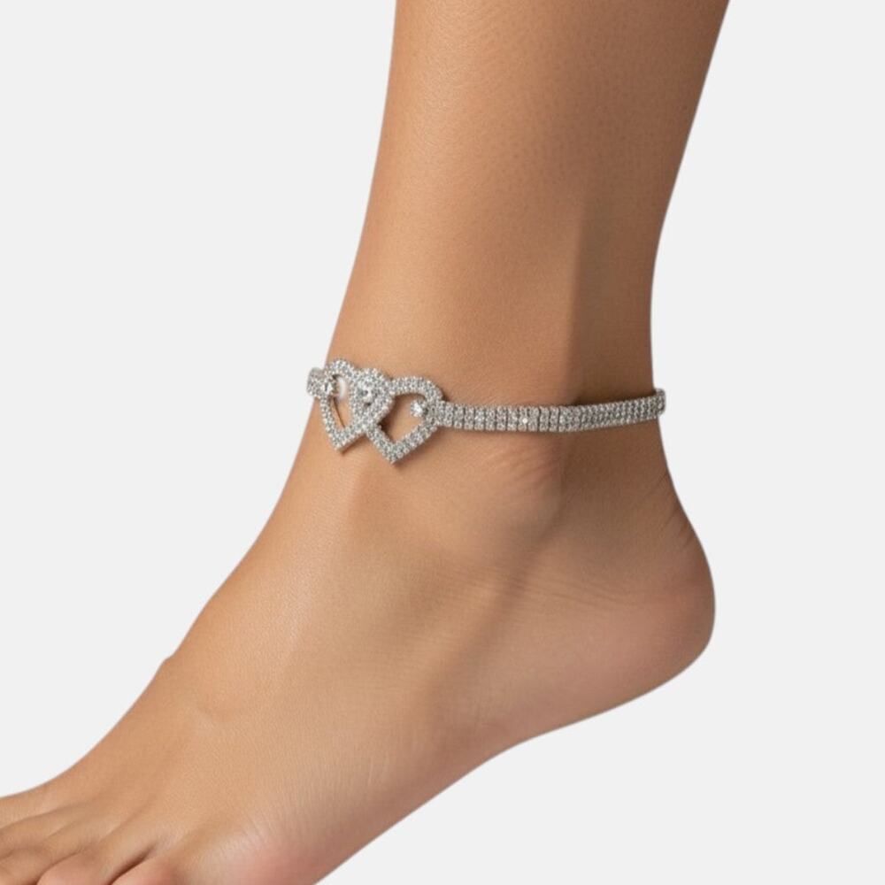 Silver Double Heart Cubic Zirconia Anklet